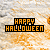Animated Halloween-themed graphic with 'HAPPY HALLOWEEN' text and pumpkin icons moving across a textured background.