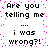 Pixelated text repeats 'Are you telling me i was wrong?!' in two with pink dotted border on white background