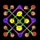 A static pixelated image with a dark background featuring a central yellow square surrounded by green and purple lines forming a symmetrical pattern, bordered by smaller colored squares.