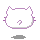 Pixelated cat head with purple outline, white face, and small nose; two variations show different eye shapes on gray background.