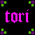 Pixelated text "tori" in six colors with surrounding square patterns on black background.