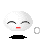 Pixelated white rounded character with red mouth and gray eyes in four variations showing closed-eye expressions, black base shapes, and Japanese text below.