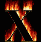 Animated sequence of stylized X-shaped symbols with fiery orange and red flames against black backgrounds, displayed in three vertical