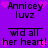 Purple background with pink heart pixels, black text reading 'Annicey luvz' and 'wid all her heart!', repeated in a