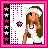 Pixel art contact sheet showing two frames of an animated AIM buddy icon featuring a cartoon girl with long brown hair, white headband, and white dress against a pink-and-black starry background.