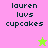 Pixelated text 'lauren luvs cupcakes' on two colored backgrounds with a star icon, one pink and green showing a green star, the other beige showing a pink star