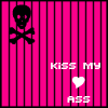 Pixelated icon with pink and black vertical stripes, skull and crossbones, and text reading KISS MY ASS with a heart symbol.