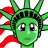 Green pixelated head with crown-like spikes, large eyes, and red flowing shapes on left side.