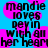 Pixelated text on a blue background with pink circular shapes, displaying 'mandie loves devin with all her heart' in black block letters.