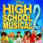 Pixelated 'High School Musical' movie poster with cast members, overlaid on a bright blue background with four text blocks in blue font.
