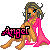 Pixel art angel icon with four color variations of a seated figure in pink, purple, blue, and red garments against gray background.