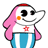 Pixelated cartoon character with pink hair, black eyes, orange cheek spot, red star on chest, blue striped pants, and a smiling expression.