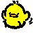 Four pixelated yellow chick icons with black outlines arranged in a , each showing distinct facial expressions and poses against a gray background