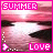 A 4-frame animated contact sheet showing a pink-hued beach sunset with 'SUMMER' and 'LOVE' text, featuring subtle water ripple animation across frames.