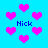 Pixelated blue background with scattered pink hearts and four instances of the text 'Nick' in blue pixelated font.