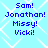 Blue pixelated text on light blue background with white diamond pattern, displaying four names in two