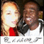 Two people pose together in a pixelated image with a white banner at the bottom containing unreadable text.