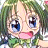 Pixelated anime-style character with green hair and blue eyes, pink lips, on left; black background with white text on right.