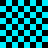 A static image of a black and cyan checkered pattern with two -like structures on the right side