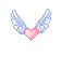 Pixel art of angel wings with a heart, displayed in three variations showing different heart colors and surrounding sparkles.