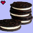 Two stacks of chocolate sandwich cookies with cream filling, each topped by a pixelated heart icon on light purple background.
