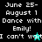 Pixelated text and dancing figures on split black, teal, cyan backgrounds with 'June 25-August 1 Dance with Emily! I can't wait' repeated.