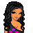 Pixel art of a woman with long black hair wearing a black crop top with pink and purple stars, pink and purple shorts, and high-heeled shoes.