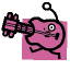 Pink cartoon character with black outline plays electric guitar, standing on pink square background; four variations show different poses and expressions.