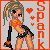 Pixel art contact sheet of a 7-frame animated icon featuring a cartoon character in revealing attire with changing heart symbols and text colors.