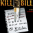 A pixelated image shows a knife piercing a document with 'KILL BILL' text in yellow and orange above and below, against a black background with red splatter effects.