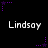 Black background with white text "Lindsay" repeated in two , surrounded by purple star-shaped pixel clusters