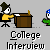 Pixel art animation of two figures at a desk with changing speech bubbles and text below.