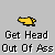 Yellow cartoon hand with white palm holding a white ball, positioned above text reading 'Get Head Out Of Ass' on gray background.