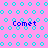 Pink background with cyan circular patterns and four instances of the word "Comet" in blue pixelated text.