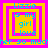 Four identical pixelated squares with layered borders display text about Lizzie, using cyan and yellow on pink backgrounds.