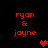 Red pixelated text 'ryan & joyne' appears in four positions on a black background with red heart symbols, showing animation changes between frames.