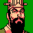 Pixel art portrait of a bearded man with stern expression wearing striped headgear and checkered clothing against solid green background.