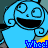 Pixelated blue cartoon character with large eyes and a wide smile, wearing yellow shoulder accents and gray lower body parts. The word 'wheel' appears below in colored text that changes between frames.