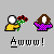 Pixel art buddy icon showing two figures: one holding a red rose with green stem, the other in a purple checkered top with brown hair, below text reading 'Awww!' on gray background.