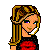 Pixel art contact sheet of a female character with blonde hair, red and black crop top, white pants with red heart patterns, pearl belt, and additional elements like lips, teddy bear, and hearts on pink/white backgrounds.