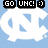 Two white 'NC' monograms on light blue background with black text above reading GO UNC! :) in pixelated font.