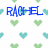 Blue text 'RACHEL' appears over a white background with repeating green and teal heart shapes, with a gray rectangle partially obscuring the lower right.