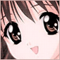 Anime-style character face with large brown eyes, pink cheeks, and light brown hair in two side-by-side frames showing subtle eye movement.