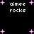 Black background with white pixelated text 'aimee rocks' repeated four times, surrounded by pink plus-shaped stars of varying sizes and positions.