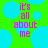Pixelated text 'it's all about me' in pink and purple on a green background with cyan circles.