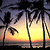 Pixelated sunset scene with palm trees silhouetted against a gradient sky transitioning from orange to purple.