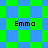 Green and blue pixelated checkered background with four instances of the text 'Emma' in black block letters.
