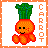 Pixel art carrot character with green leafy top, orange body, and smiling face in two animated frames showing slight pose differences.