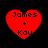 Four red heart-shaped icons with black text reading "James + Kay" arranged in a on a black background