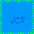 Blue background with green pixelated border and four identical 'JCB' text elements arranged in a